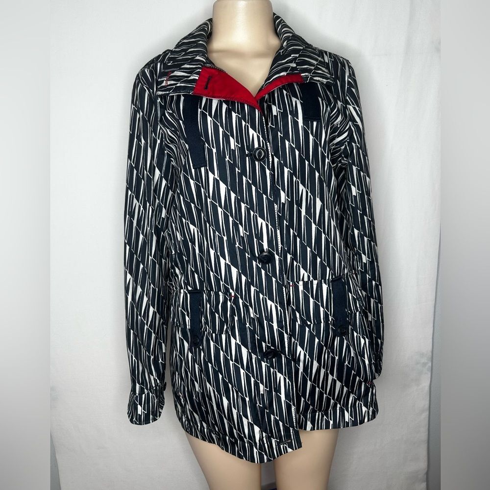 Lands’ End Women’s Hooded Rain Jacket Windbreaker Navy White Striped 10-12 M
